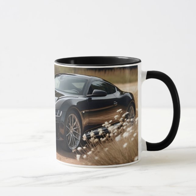 Boys gift coffee mug of luxury car in flower field (Right)