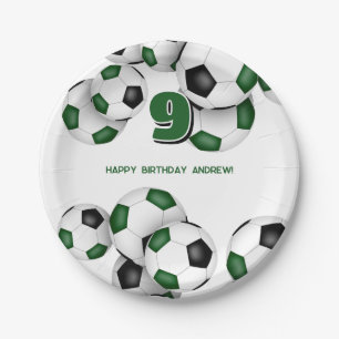 boys girls green black soccer sport birthday party paper plate