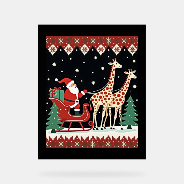 Boys Girls Santa Claus Riding Giraffe Sleigh Ugly  Acrylic Sign (Front)