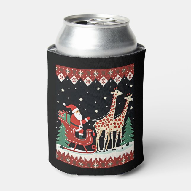 Boys Girls Santa Claus Riding Giraffe Sleigh Ugly  Can Cooler (Can Front)