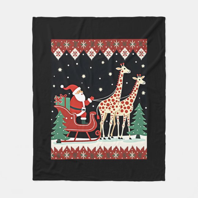 Boys Girls Santa Claus Riding Giraffe Sleigh Ugly  Fleece Blanket (Front)