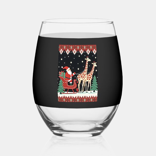 Boys Girls Santa Claus Riding Giraffe Sleigh Ugly  Stemless Wine Glass (Front)