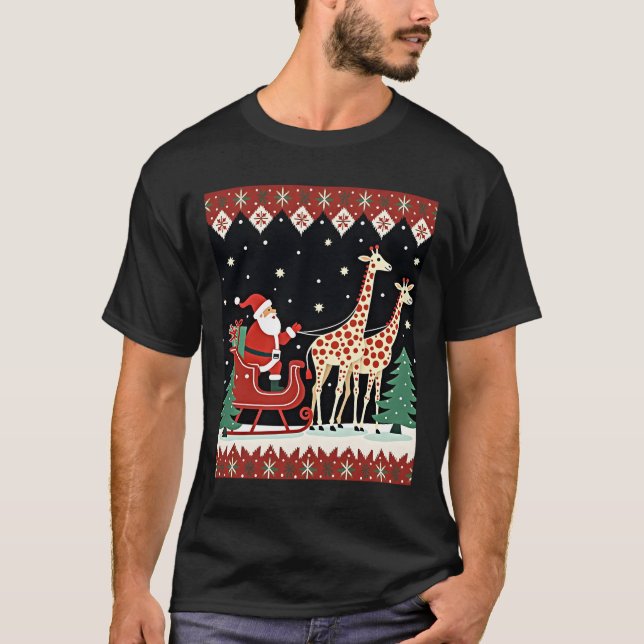 Boys Girls Santa Claus Riding Giraffe Sleigh Ugly  T-Shirt (Front)
