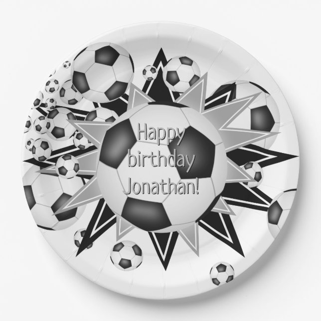 Boys girls soccer balls stars birthday  paper plate (Front)