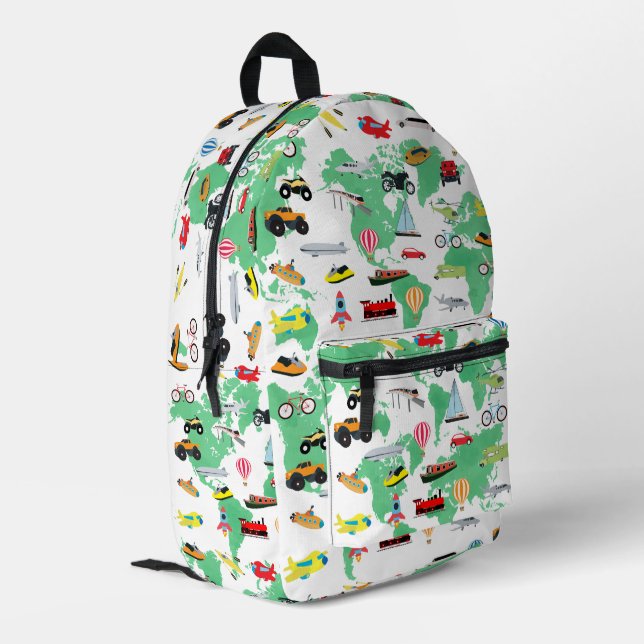Boys Girls World Map Vehicles Printed Backpack (Back Corner Left)