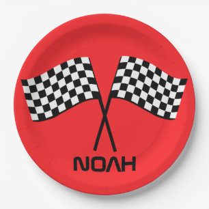Boy's Go Kart Pit Stop Birthday Racing Flags Class Paper Plate