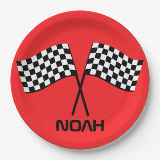 Boy's Go Kart Pit Stop Birthday Racing Flags Class Paper Plate