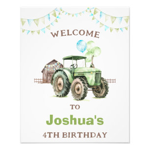Boys Green Balloons Tractor Birthday Welcome Sign
