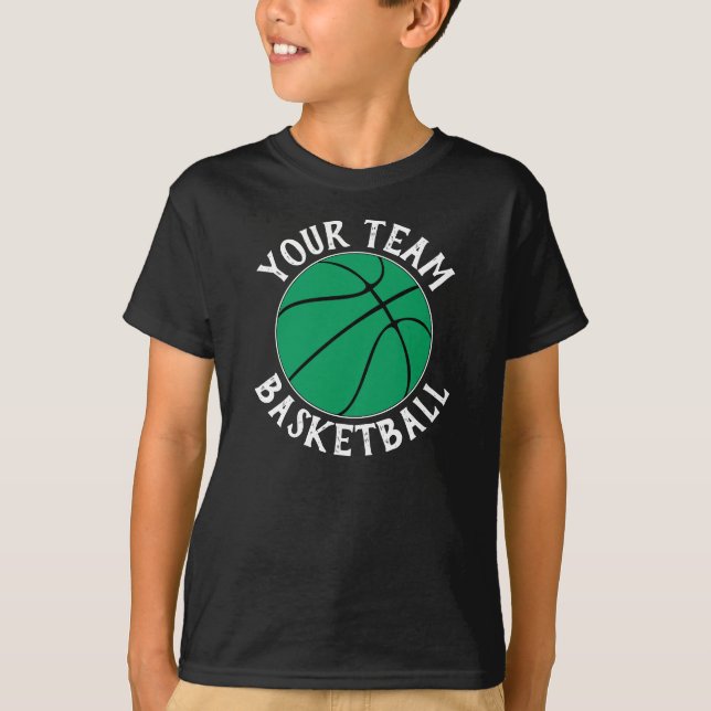 Boys Green Basketball Team, Player Name & Number T-Shirt (Front)