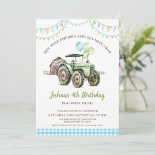 Boys Green Blue Balloons Tractor Birthday Invitation