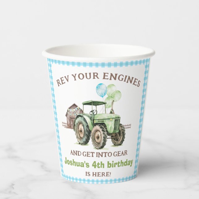 Boys Green Blue Balloons Tractor Birthday Paper Cups (Front)