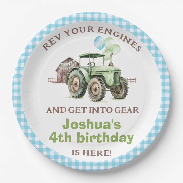 Boys Green Blue Balloons Tractor Birthday Paper Plate (Front)