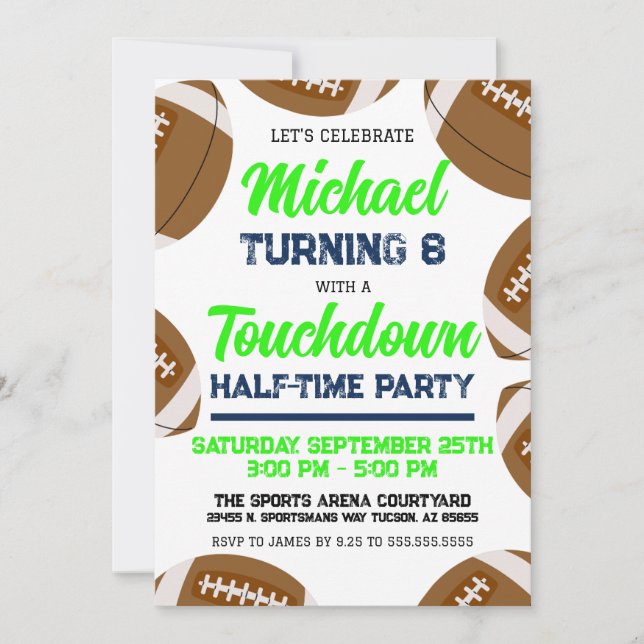 Boys Green Blue Football Team Birthday Party Invitation (Front)