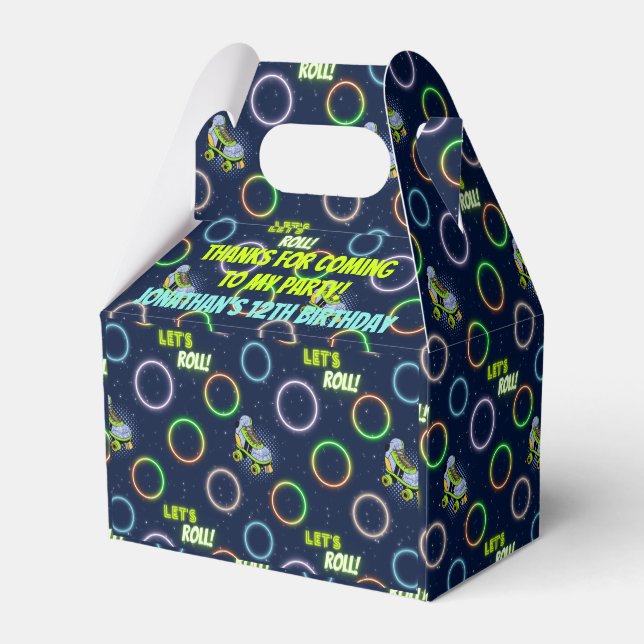 Boys Green Blue Neon Lights Roller Skating Party Favour Box (Back Side)