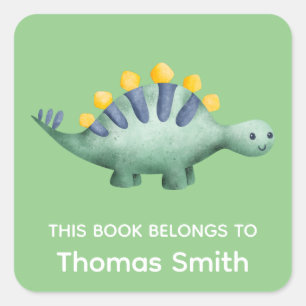  Boys Green Dinosaur and Name School Books Square Sticker