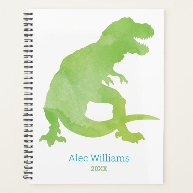 Boys Green Dinosaur Watercolor T-Rex Kids Planner (Front)