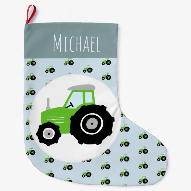 Boy's Green Farm Tractor Pattern and Name Kids Large Christmas Stocking (Front)