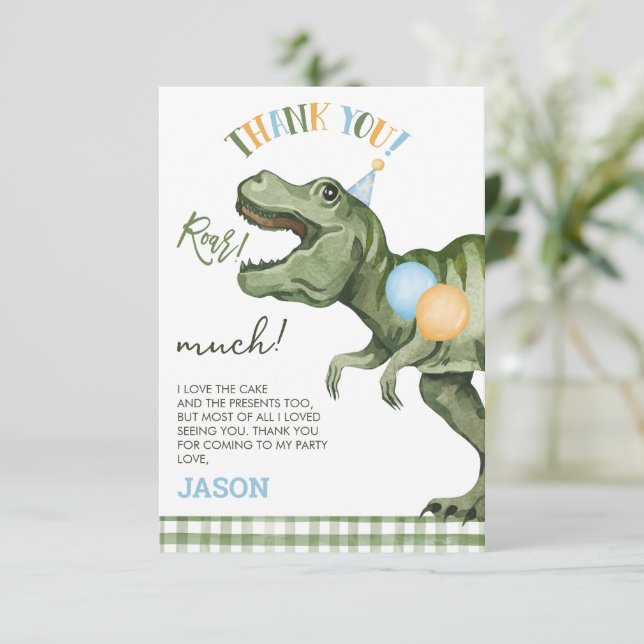 Boys Green Roar Dinosaur Birthday Thank You Card (Standing Front)
