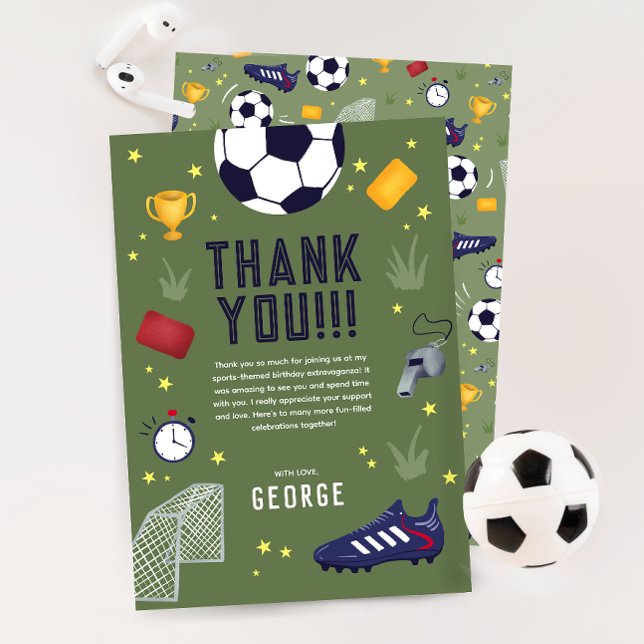 Boys Green Soccer Sports Kids Birthday Thank You Card (Creator Uploaded)
