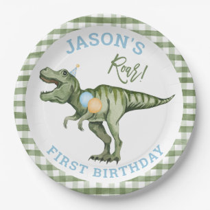 Boys Green Stomp Chomp Roar Dinosaur 1st Birthday Paper Plate