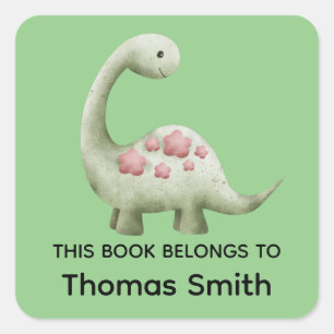 Boys Green "This Book Belongs" Dinosaur and Name Square Sticker