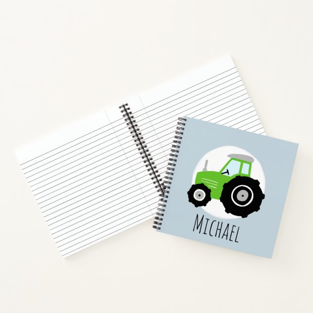 Boy's Green Tractor Pattern and Name Kids School Notebook (Inside)