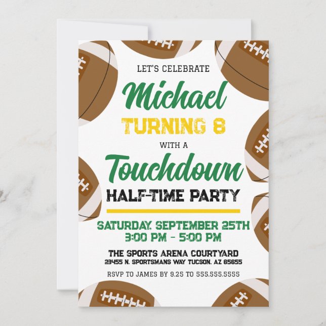 Boys Green Yellow Football Team Birthday Party Invitation (Front)