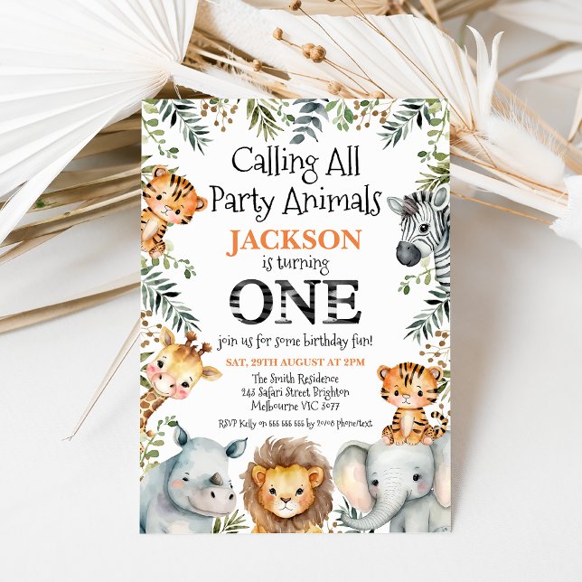 Boys Greenery Safari 1st Birthday  Invitation (Boy's calling all party animals safari birthday invitation featuring cute jungle animals and foliage)