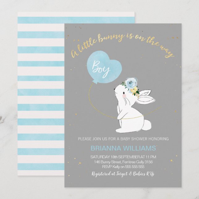 Boys Grey Blue Bunny Baby Shower invitation (Front/Back)