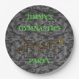 Boys Gymnastics Birthday Party Camo Plates w/ Name