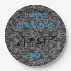 Boys Gymnastics Birthday Party Camo Plates w/ Name