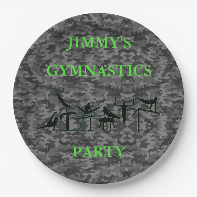 Boys Gymnastics Birthday Party Camo Plates w/ Name (Front)