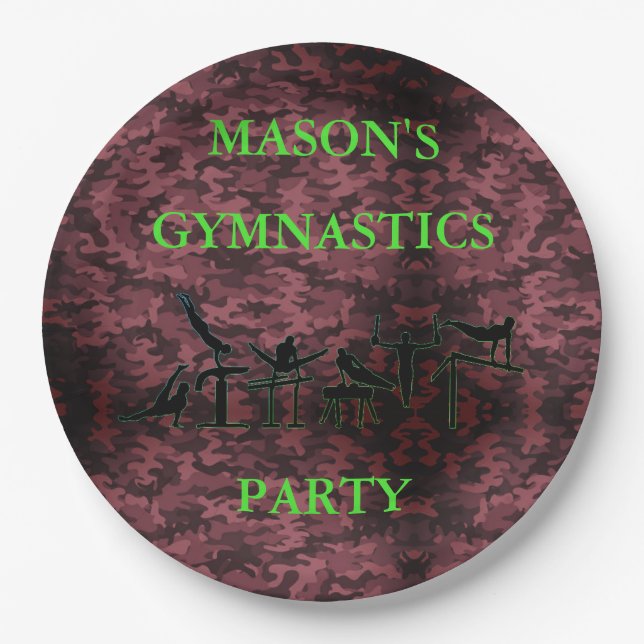 Boys Gymnastics Birthday Party Camo Plates w/ Name (Front)