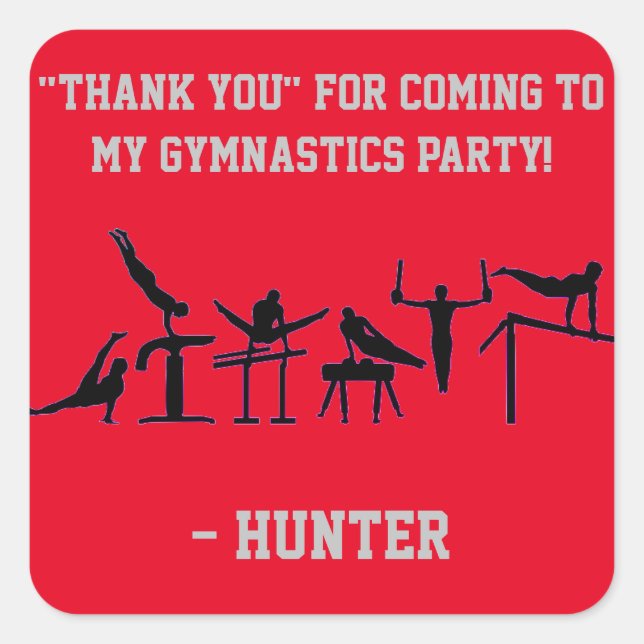 BOYS GYMNASTICS BIRTHDAY PARTY PERSONALIZED SQUARE STICKER (Front)