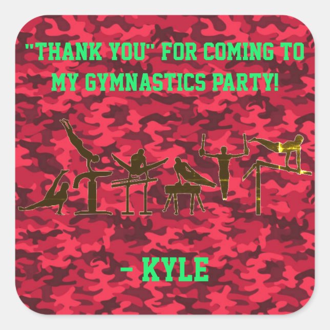 BOYS GYMNASTICS BIRTHDAY PARTY PERSONALIZED SQUARE STICKER (Front)