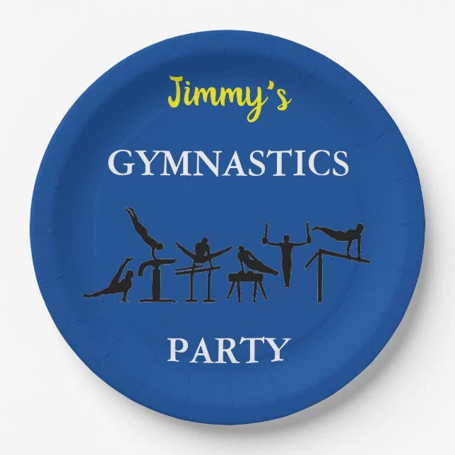 Boys Gymnastics Birthday Party Plates w/ His Name (Front)