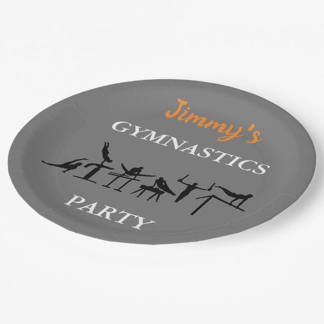 Boys Gymnastics Birthday Party Plates w/ His Name (Angled)
