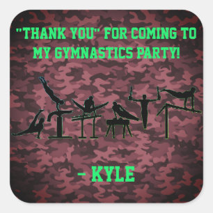 Boys Gymnastics Party "Thank you" Camouflage Square Sticker