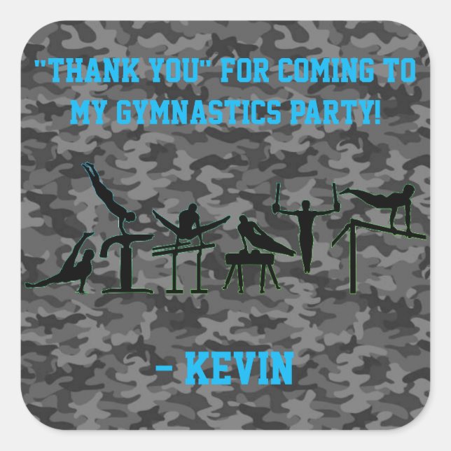 Boys Gymnastics Party "Thank you" Camouflage Square Sticker (Front)