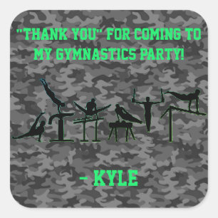 Boys Gymnastics Party "Thank you" Camouflage Square Sticker