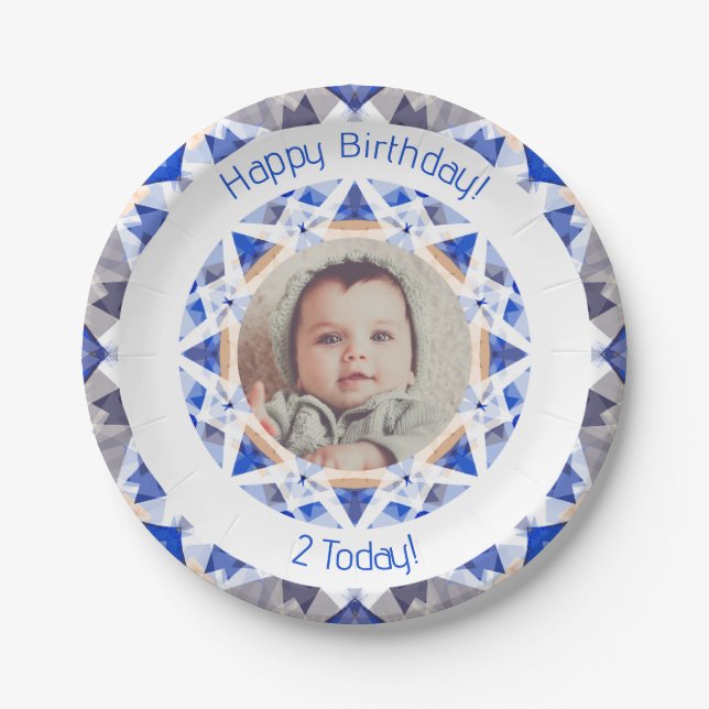 Boys Happy Birthday Vibrant Blue Star Custom Age Paper Plate (Front)