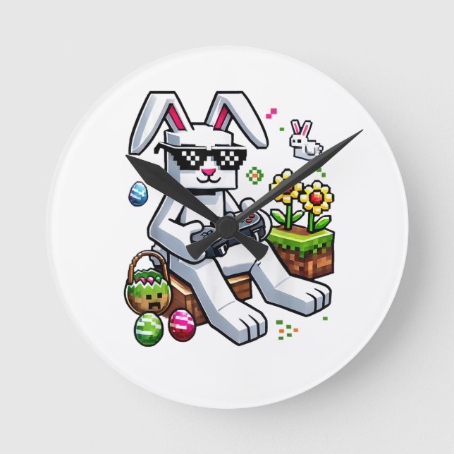 Boys Happy Easter Day Bunny Egg Video Game Round Clock (Front)