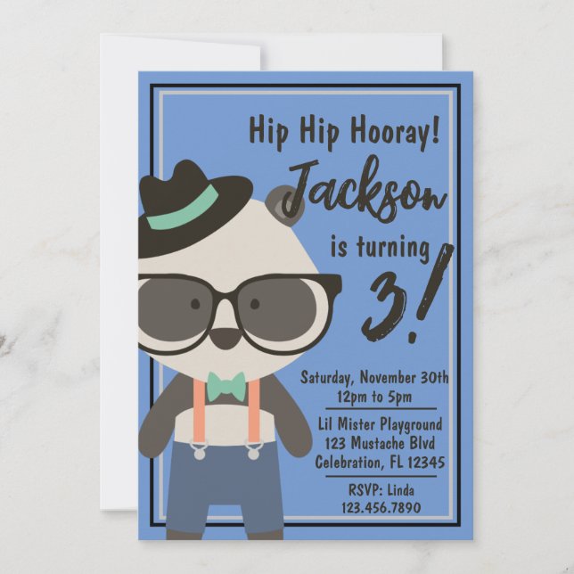 Boys Hipster Mister Panda Bear Birthday Invitation (Front)