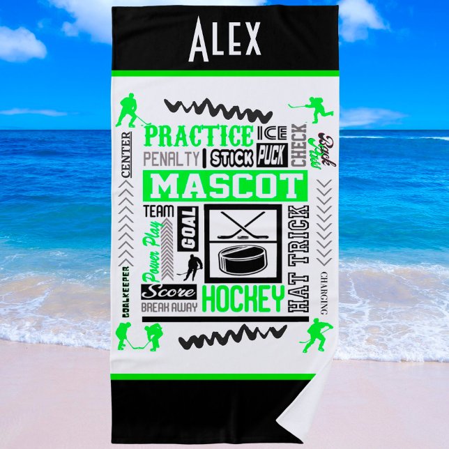 Boys Hockey Terminology Personalised Neon Green    Beach Towel (Creator Uploaded)