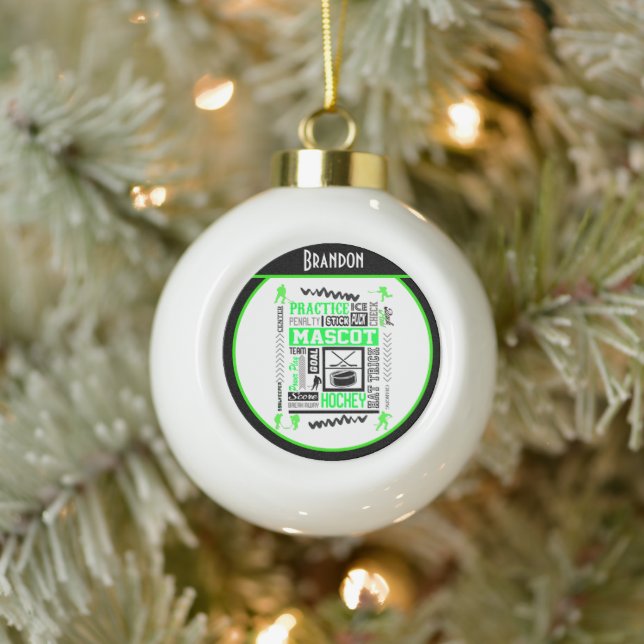 Boys Hockey Terminology Personalised Neon Green    Ceramic Ball Christmas Ornament (Tree)