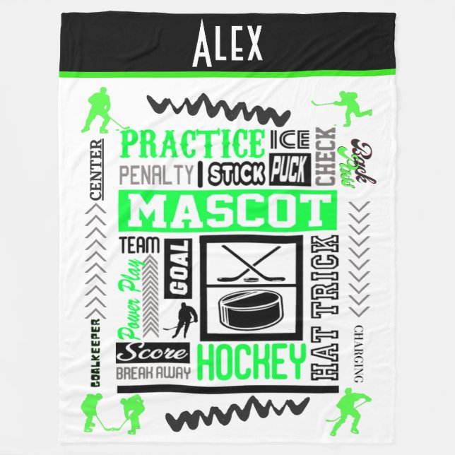 Boys Hockey Terminology Personalised Neon Green  Fleece Blanket (Front)