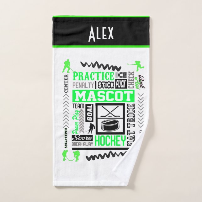 Boys Hockey Terminology Personalised Neon Green   Hand Towel (Hand Towel)