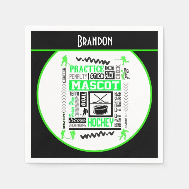 Boys Hockey Terminology Personalised Neon Green  Napkin (Front)