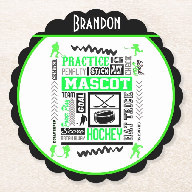 Boys Hockey Terminology Personalised Neon Green    Paper Coaster (Front)