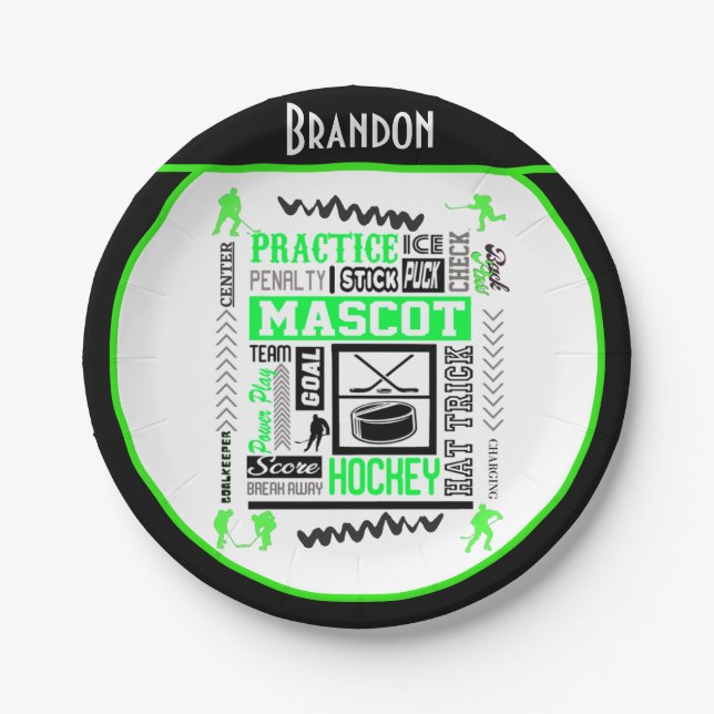 Boys Hockey Terminology Personalised Neon Green    Paper Plate (Front)